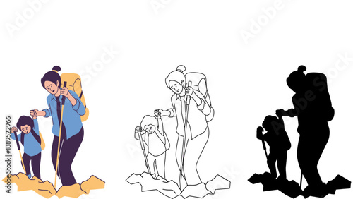 A mother and daughter hiking together in different illustration styles and colors