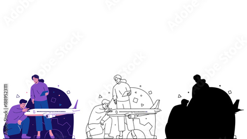 A group of people working together on a project with an airplane model