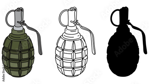 An illustration of three different colored hand grenades on a white background