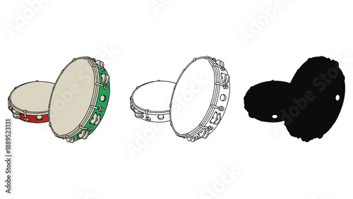 An illustration of tambourines in different colors and line art styles
