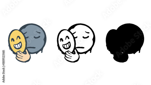 A cartoon illustration of people holding masks in different colors and emotions