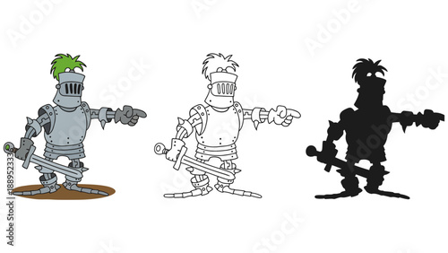 A cartoon knight in different stages of illustration, from color to silhouette.