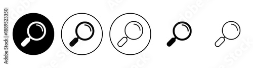 Magnifying glass icon set, representing search, discovery, investigation, and analysis, available in various styles including solid filled and outline versions for web and app design elements