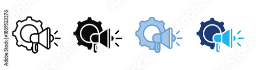 Megaphone on gear icon representing promotion marketing announcement and communication in business strategy and industrial process with sound waves