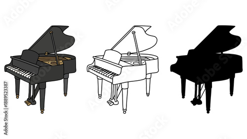 Three different illustrations of grand pianos in various artistic styles and colors