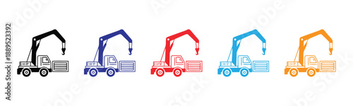 Mobile crane truck icon collection, featuring heavy lifting equipment in diverse colors like black, blue, red, and orange, perfect for transport and construction themes.