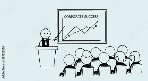 Stick figure businessman presenting corporate success graph to audience.