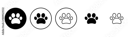 Paw print icons for pet care, animal tracking, dog or cat symbols, representing wildlife and pets, different styles including filled, outlined, and circular, isolated on white background