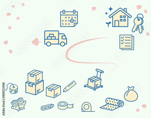 アイボリー×コバルトブルーの線画アイコンを散りばめた日本の春の新生活引越しイラスト、桜モチーフと曲線導線で準備から入居までを表現したベクター素材