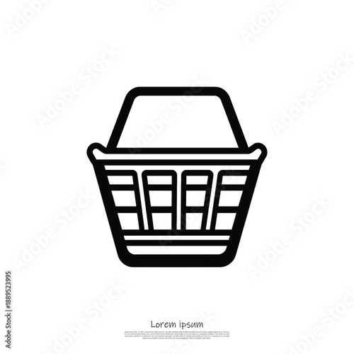 A black line art illustration of a shopping basket on a white background for e commerce concepts