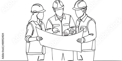 Three construction workers in hard hats looking at a blueprint woman