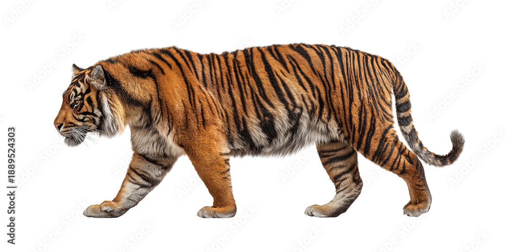 Obraz premium Tiger walking profile view isolated on a transparent background 1