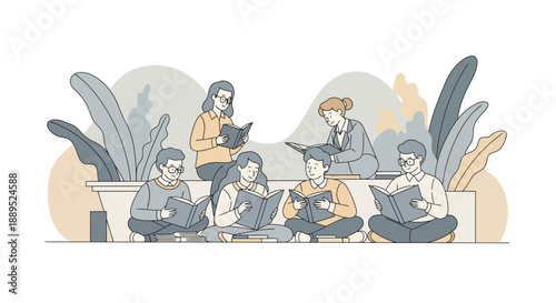 Group of diverse individuals engrossed in reading books together in a relaxed setting.