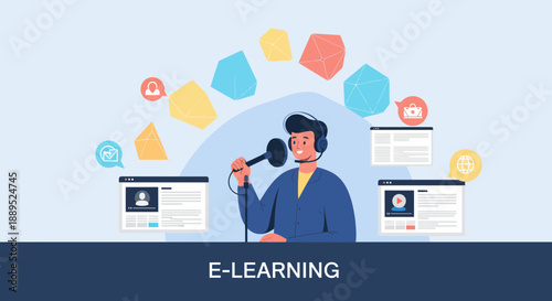Online learning and education concept with a man speaking into a microphone.