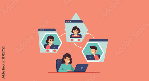 Online meeting illustration depicts teamwork and collaboration in a virtual environment.