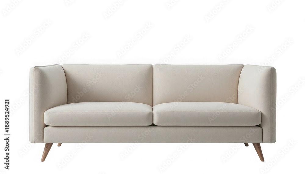 Fototapeta premium Elegant cream two-seater contemporary sofa with rounded arms and light wooden tapered legs on transparent background