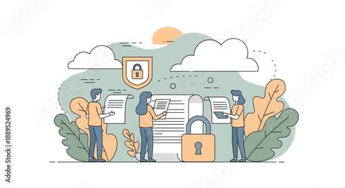 Secure data protection and privacy concept with people and documents.
