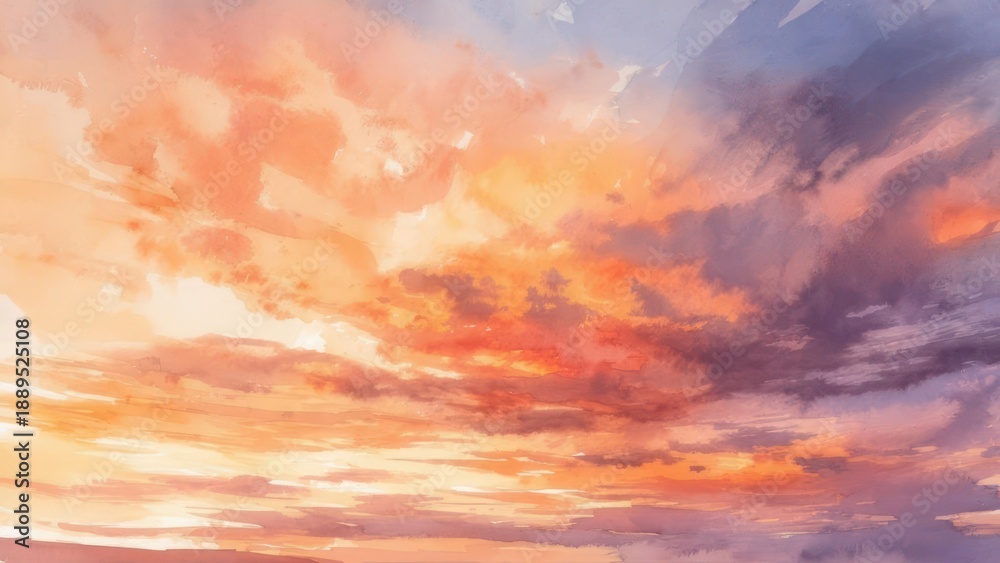 Fototapeta premium Dreamy watercolor painting of a colorful sunset sky.