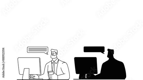 Three businessmen sitting at a desk with computers and discussing work