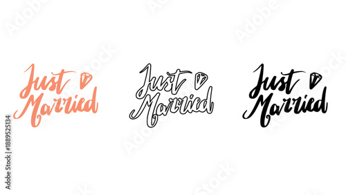 Three Just Married signs with hearts on a white background