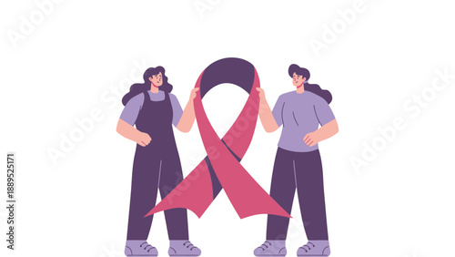 Two women holding a pink breast cancer awareness ribbon together in solidarity