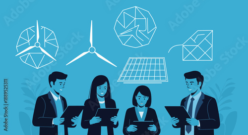 Team of professionals collaborating on sustainable energy solutions for the future.