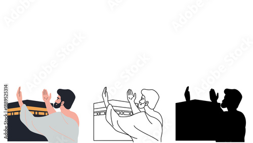 A man in different styles and colors praying towards the Kaaba