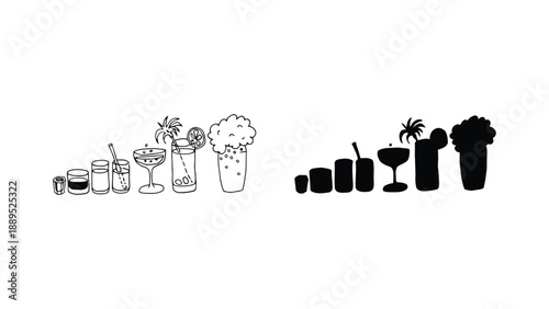 A colorful illustration of various cocktail glasses and drinks in different styles