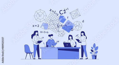 Team of students working together on complex mathematical problems in a classroom.