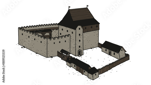 An isometric illustration of a medieval castle with a moat and wooden fence