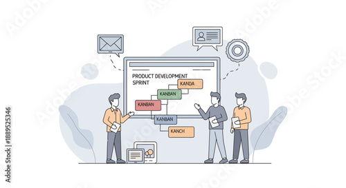 Team presenting product development sprint on a whiteboard during a meeting.