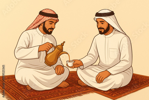 Arabs sit on the carpet while drinking tea