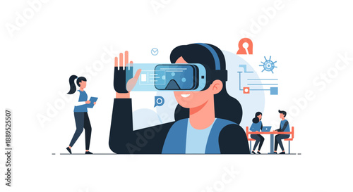 Woman immersed in virtual reality experiencing digital world with VR headset.