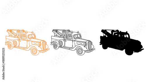 A vintage tow truck in different styles and colors on a white background