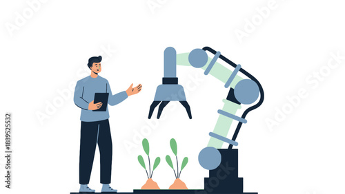 Farmer inspects automated robotic arm tending to young plants in a modern agricultural setting.