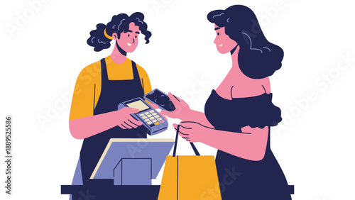 A woman making a contactless payment to a shop assistant at a checkout