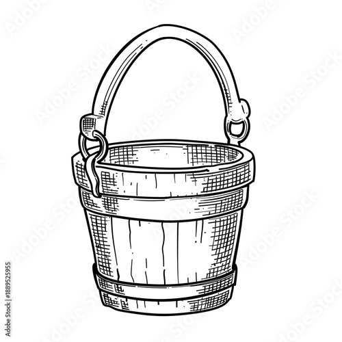 Wooden bucket vector line art hand drawn illustration