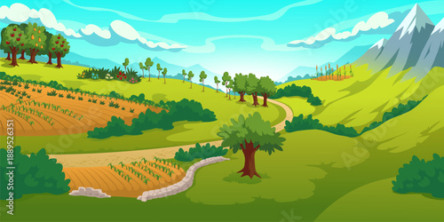 Summer Countryside Landscape with Green Fields, Farmland, Trees, and Mountains Illustration