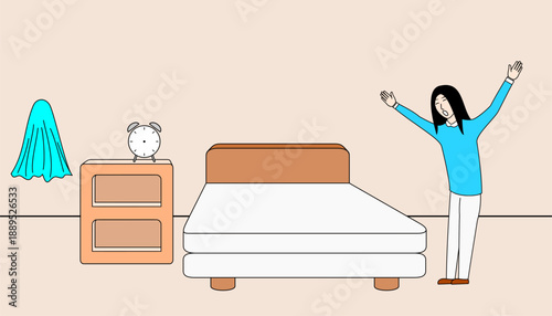 She is stretching and yawning, and the room appears to be a bedroom