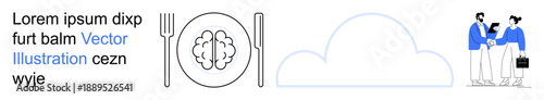Food choices, cloud technology, business concepts, psychology, teamwork, communication. Brain on plate with cutlery, cloud shape and two people exchanging documents. Food choices and cloud
