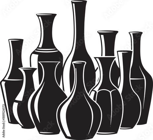 Black and white of eight vases in various shapes and sizes silhouettes bottles