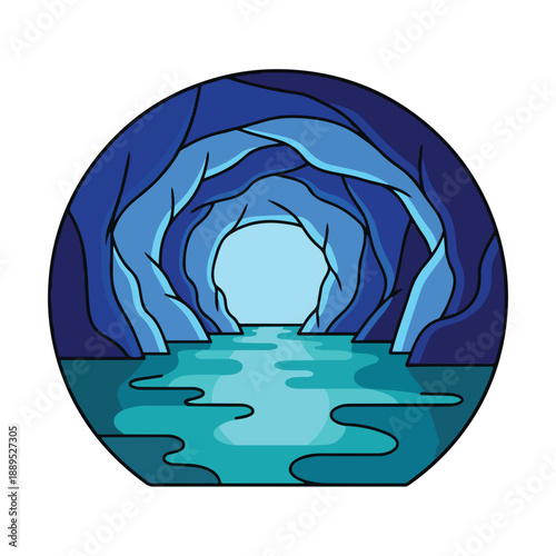 A blue ice cave with a body of water