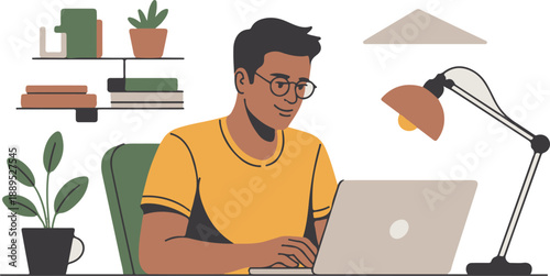 Freelancer working on laptop at home office with bookshelf and desk lamp flat vector illustration showing young man with glasses in comfortable workspace with indoor plants and coffee cup