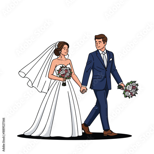 A bride and groom walking hand in hand