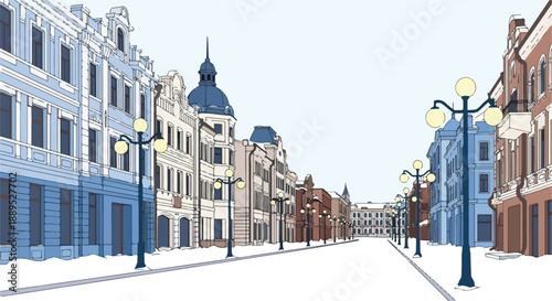 Quaint city street scene with elegant historical architecture and illuminating streetlights, depicting a serene winter morning in an old European town