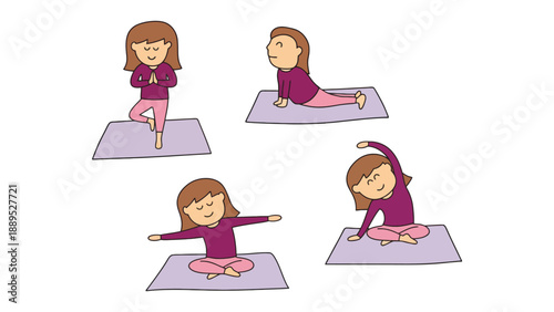 A young girl practicing various yoga poses on a purple mat indoors