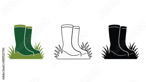 A set of colorful rain boots illustrations in green, white, and black