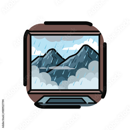 A brown smartwatch displaying a rainy mountain scene
