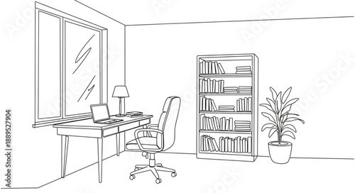 Sketch of a modern home office with desk and bookshelf.