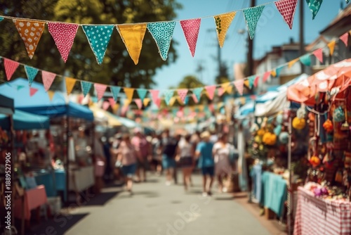 Bustling Outdoor Market Under Colorful Bunting on a Sunny Day